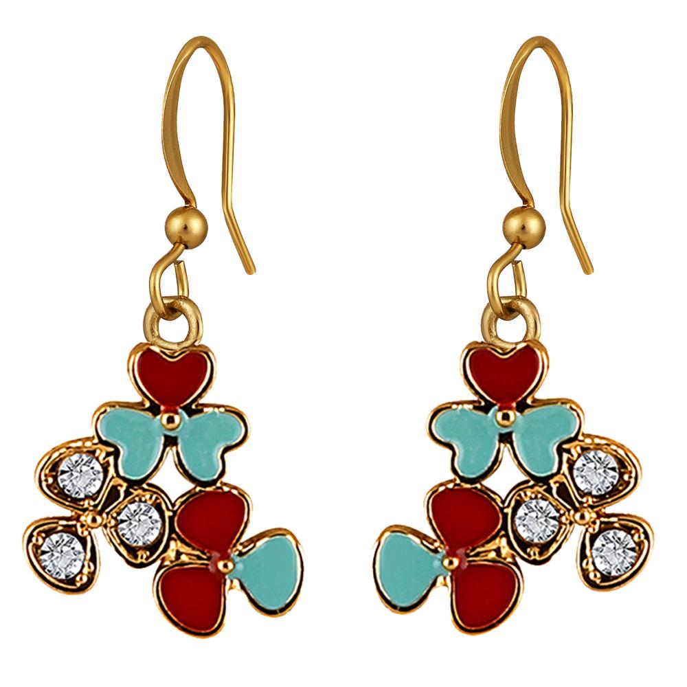 Mahi Red and Blue Meenakari Work and Crystals Floral Earrings