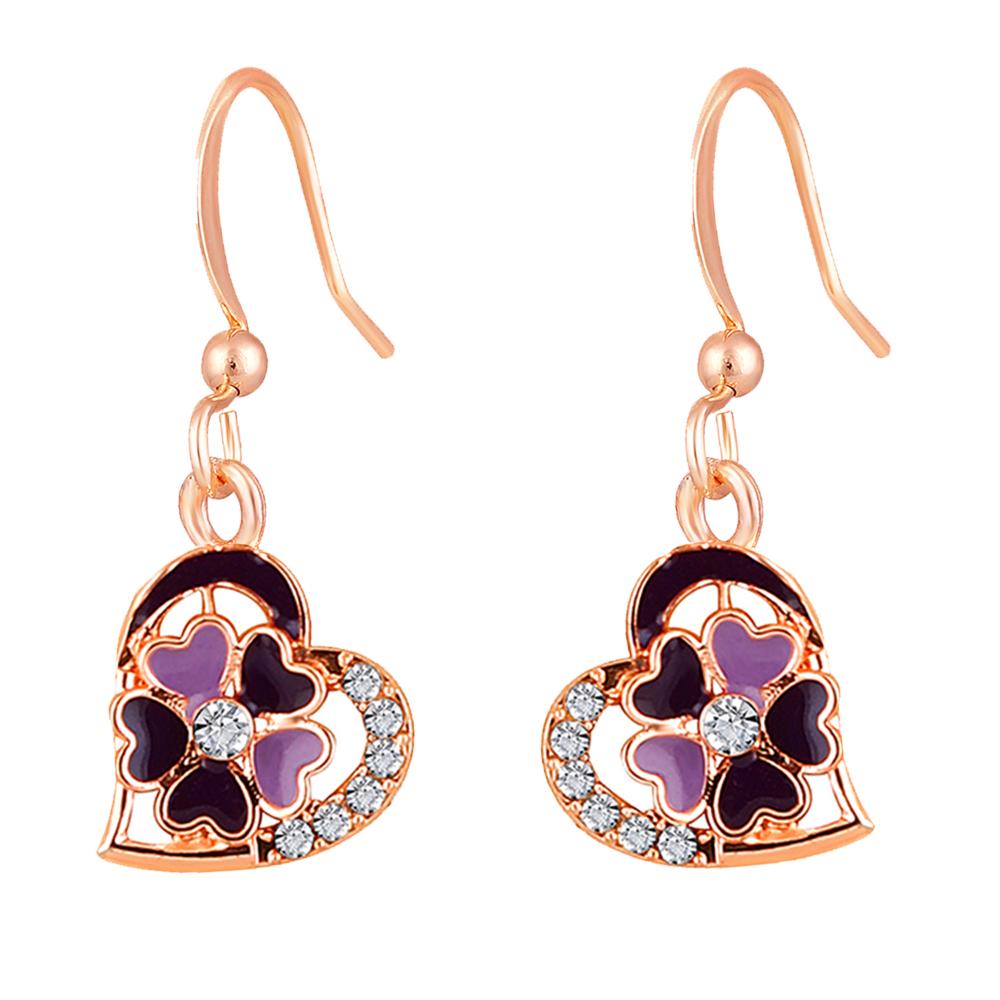 Mahi Purple Meenakari Work and Crystals Floral Heart Earrings