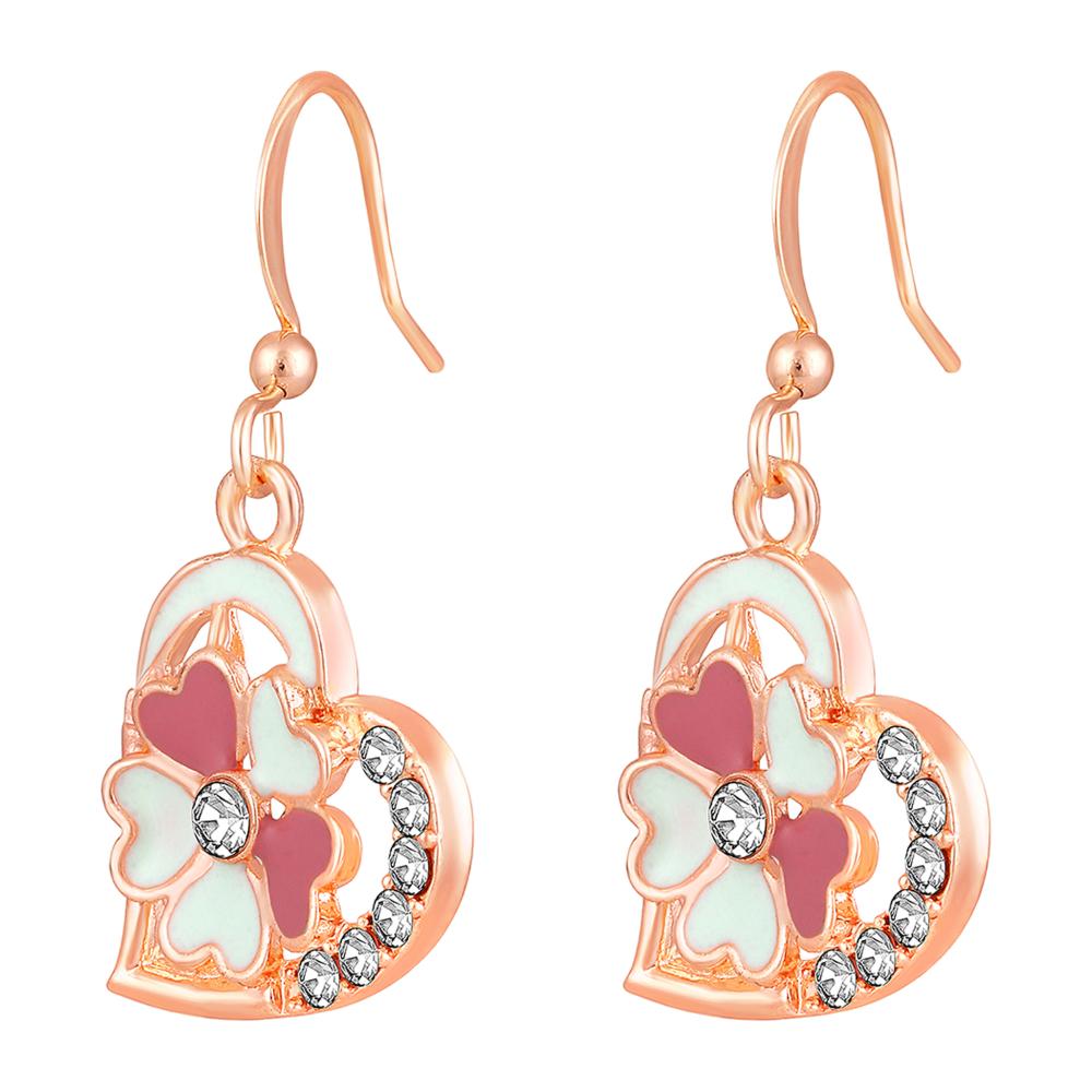 Mahi Pink and Green Meenakari Work and Crystals Floral Heart Earrings