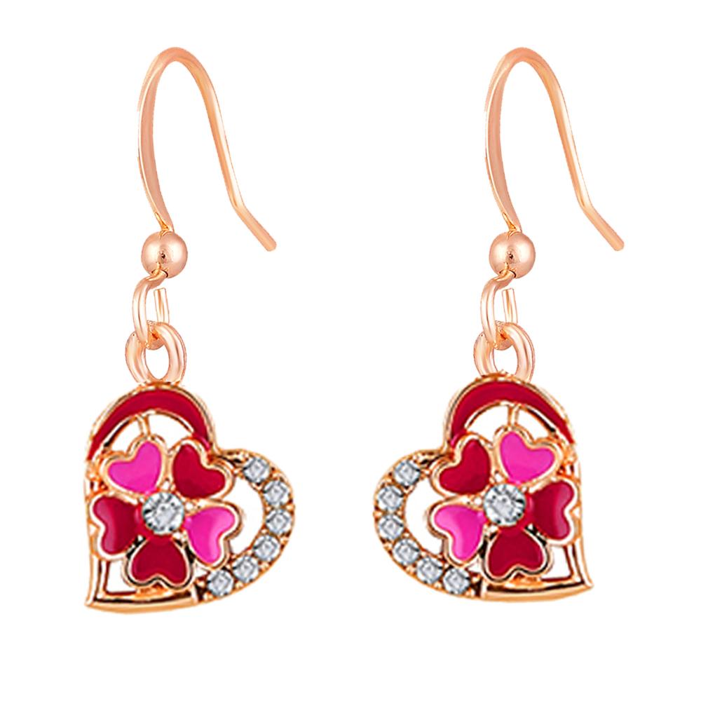 Mahi Red and Pink Meenakari Work and Crystals Floral Heart Earrings