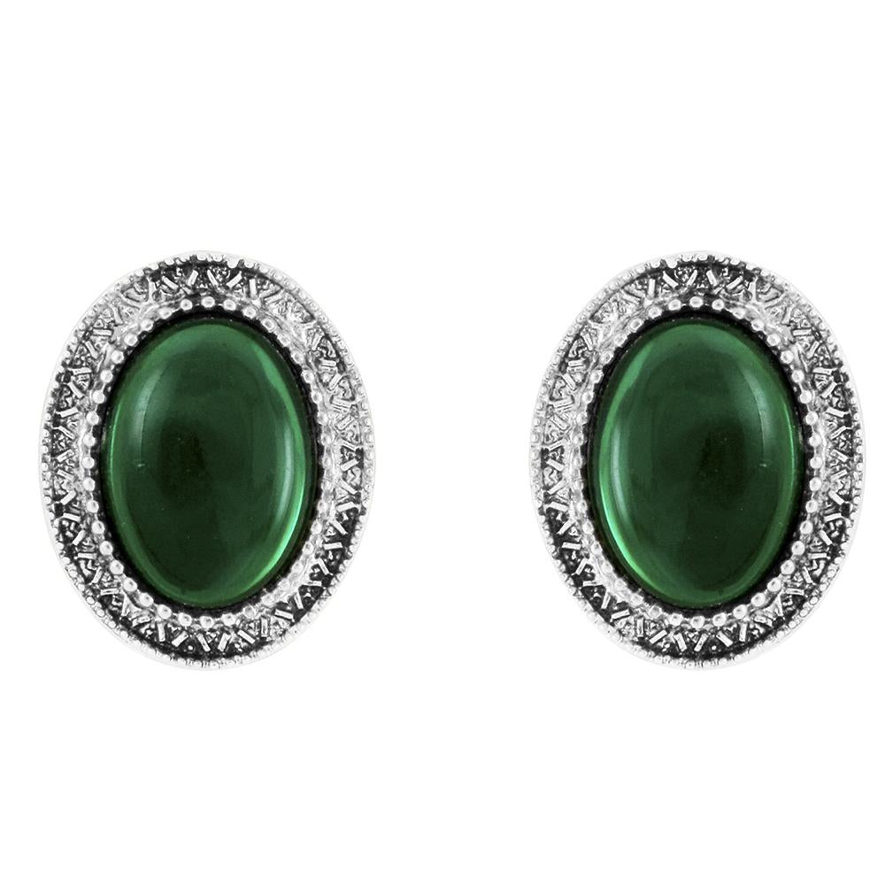 Mahi Fashion Green Oval Stud Rhodiul Plated Earrings with Crystals