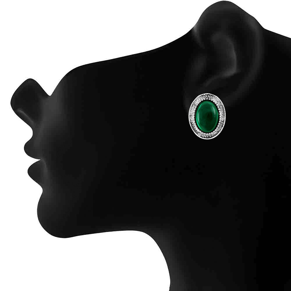 Mahi Fashion Green Oval Stud Rhodiul Plated Earrings with Crystals