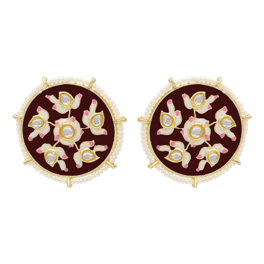 Asmitta Floral Enamelled Kundan Beaded Gold toned Big Stud Earring for women & girls
