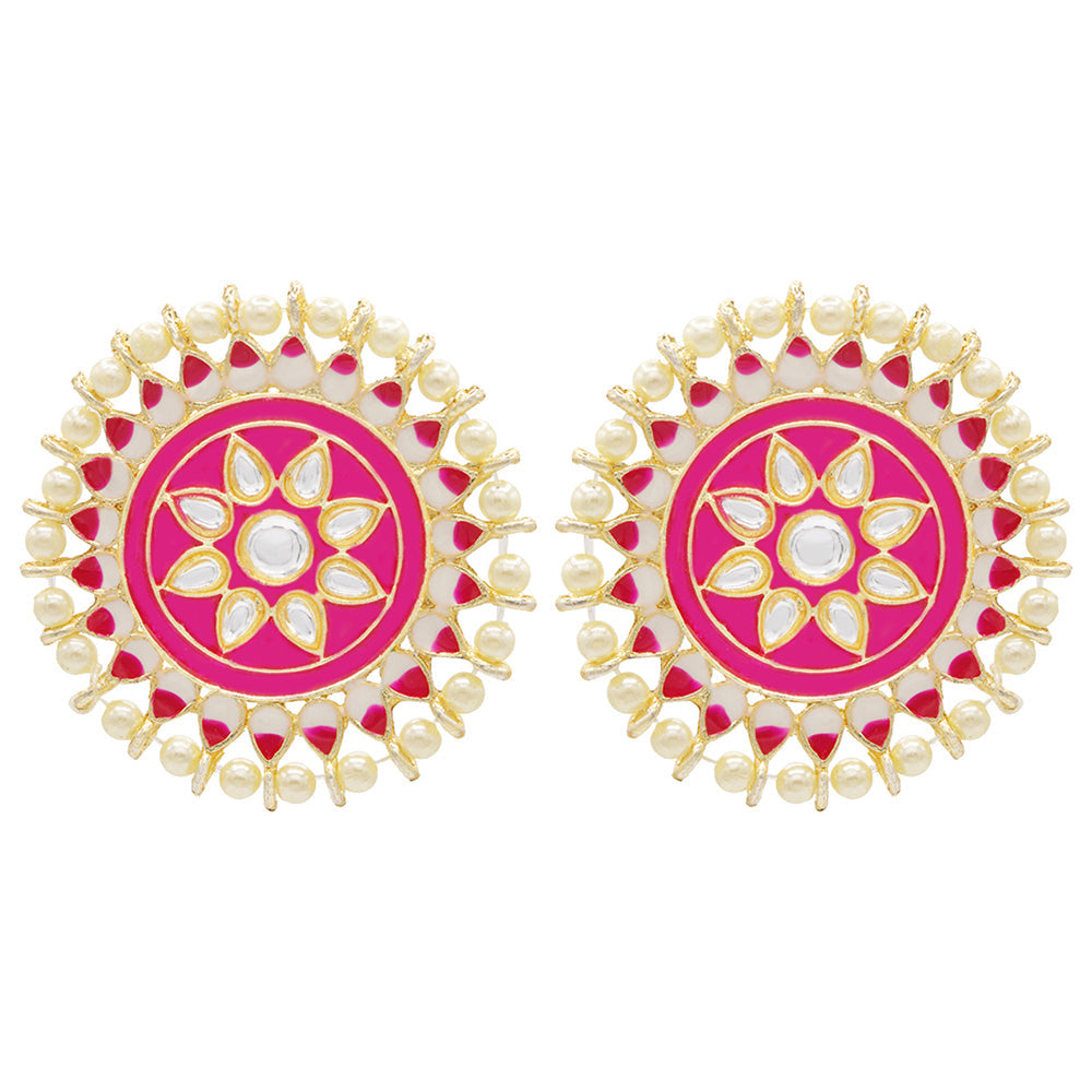 Asmitta Floral Enamelled Kundan Pearl Studded Gold toned Oversize Stud Earring for women & girls