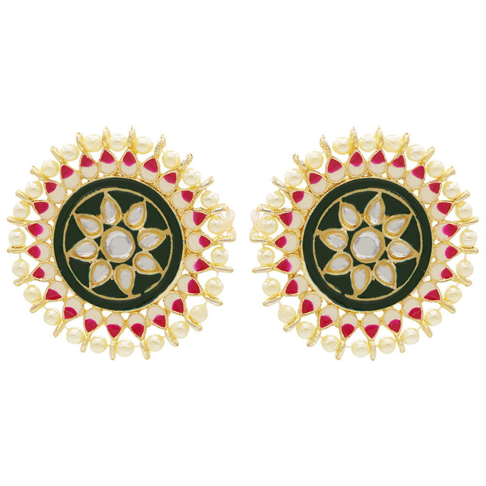 Asmitta Floral Enamelled Kundan Pearl Studded Gold toned Oversize Stud Earring for women & girls
