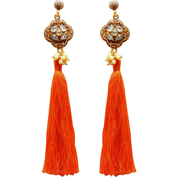 Jeweljunk Gold Plated Kundan Pearl Orange Thread Earring