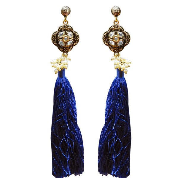 Jeweljunk Gold Plated Kundan Pearl Blue Thread Earring