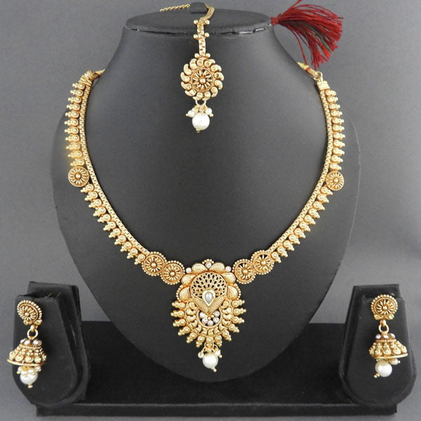 Sai Raj Copper Pearl Drop Necklace Set With Maang Tikka