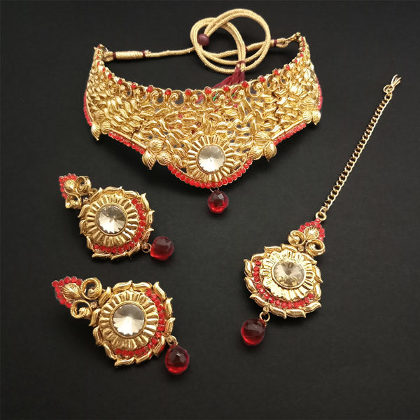 Shreeji Creation Gold Plated Red Stone Choker Necklace Set