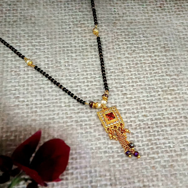 Kriaa Maroon And White Austrian Stone And Black Beads Gold Plated Mangalsutra - FBG0058A