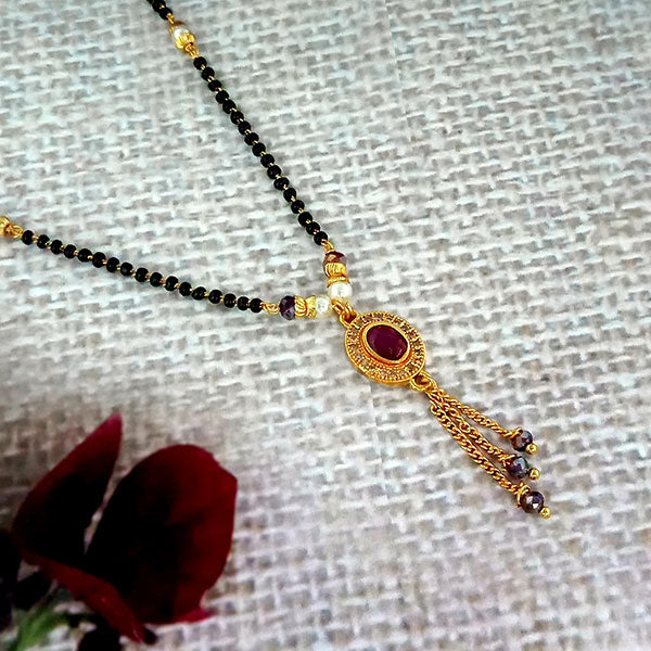 Kriaa Pink And White Austrian Stone And Black Beads Gold Plated Mangalsutra - FBG0059A
