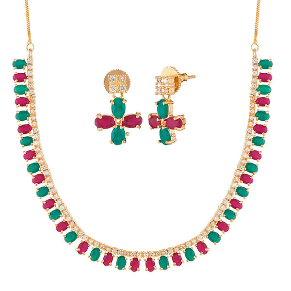 Pralhad Green And Pink Pota Stone Brass Necklace Set