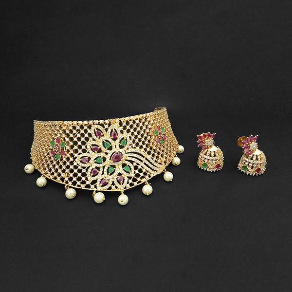 Pralhad American Diamond & Ruby Stone Brass Necklace Set