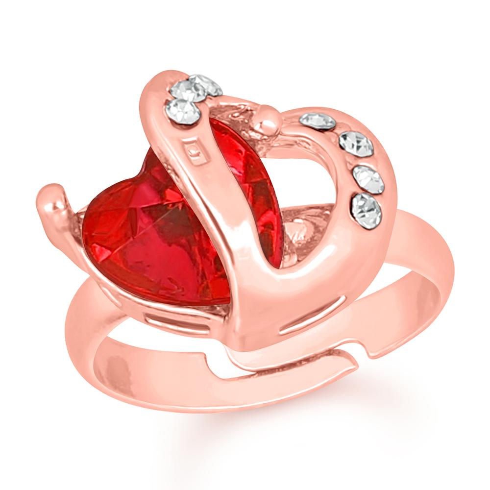 Mahi Rose Gold Plated Dual Heart Love Finger Ring With Crystal Stone
