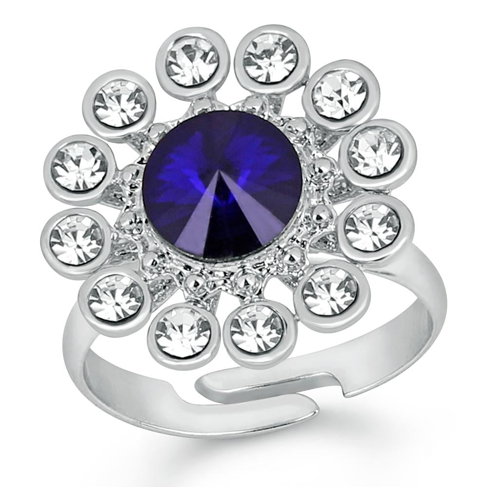 Mahi Rhodium Plated Floral Inspired Crystal Studded Finger Ring