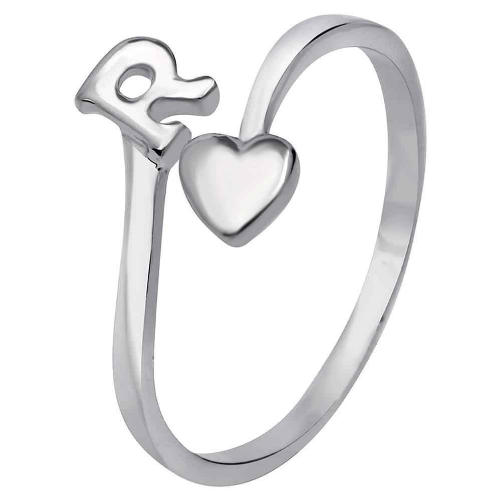 Mahi Rhodium Plated 'R' Initial and Heart Adjustable Finger Ring for Women (FR1103126R)