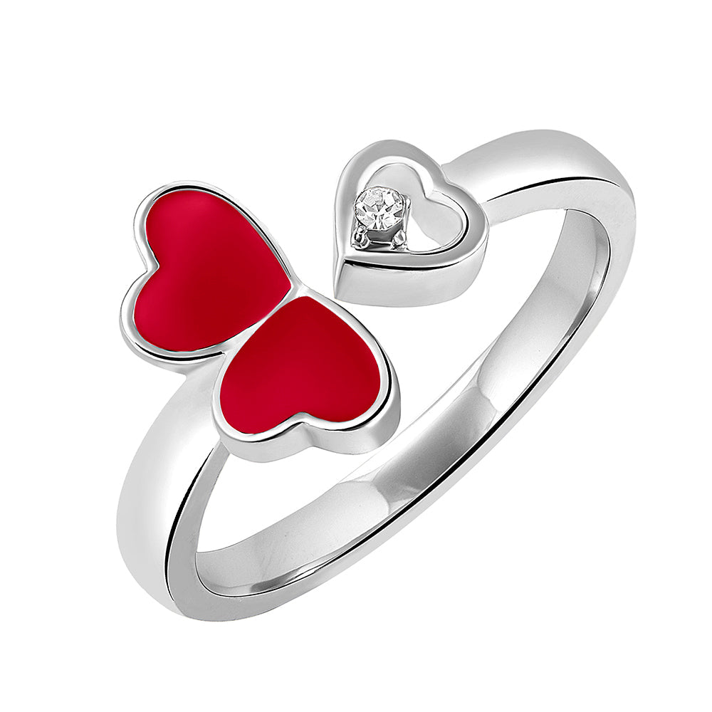 Mahi Tripple Heart Red Meena Work Silver Color Adjustable Finger Ring for Women (FR1103130RRed)