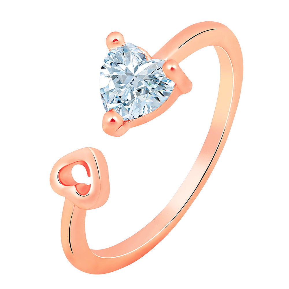 Mahi Rose Gold Plated Dual Heart Adjustable Finger Ring with Cubic Zirconia for Women (FR1103166ZWhi)