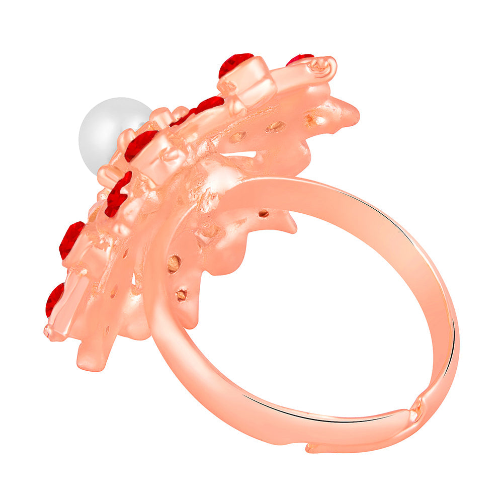 Mahi Rose Gold Plated Floral Look Adjustable Finger Ring with Red Artificial Pearl & Crystal for Women (FR1103190ZRedWhi)