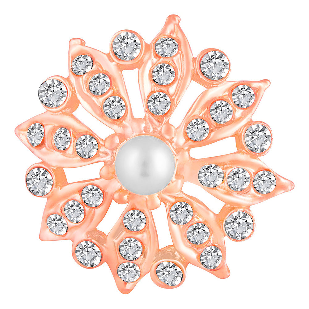 Mahi Rose Gold Plated Floral Look Adjustable Finger Ring with White Artificial Pearl & Crystal for Women (FR1103191ZWhi)