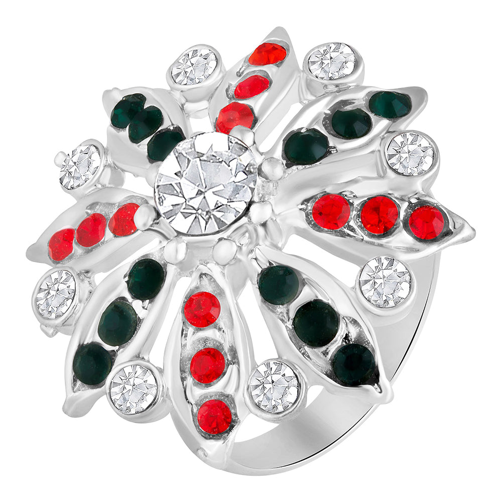 Mahi Floral Look Adjustable Finger Ring with Red, Green Artificial Pearl & Crystal for Women (FR1103192RGreRed)