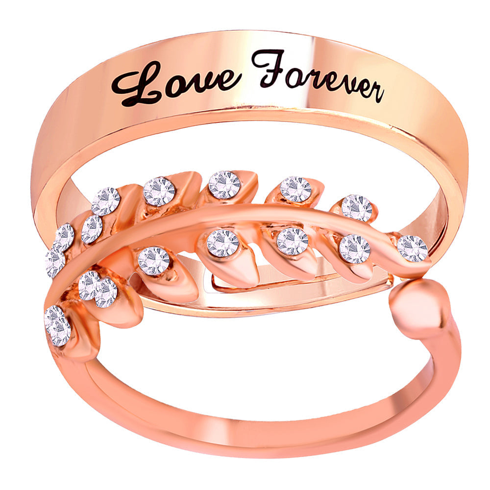 Mahi Rose Gold Plated Valentine Gifts Love Forever and Leavs Shaped Adjustable Couple Ring with Crystal (FRCO1103177Z)