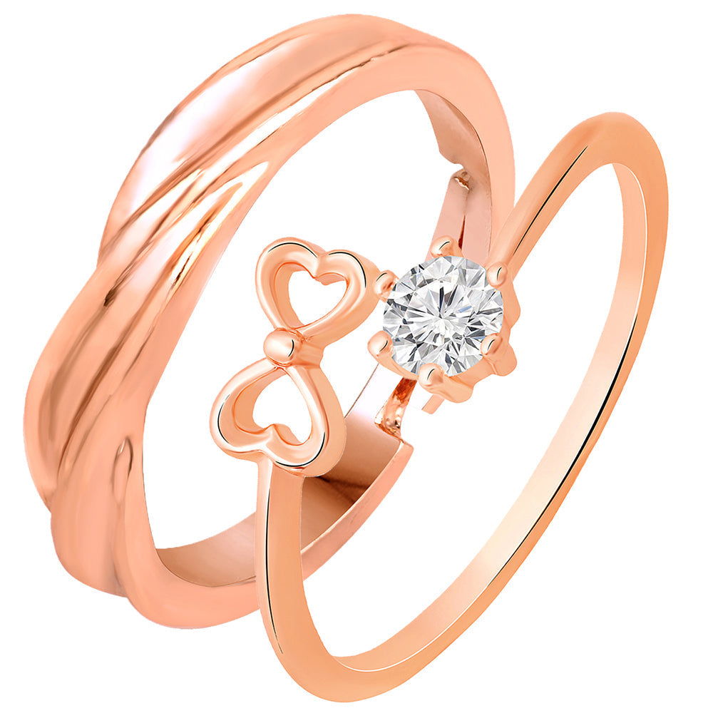 Mahi Rose Gold Plated Valentine Gifts Floral Heart Adjustable Couple Ring with Cubic Zirconia (FRCO1103179Z)
