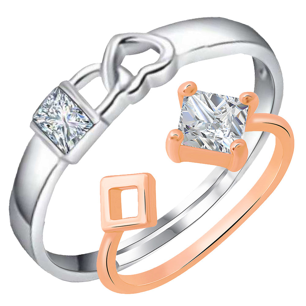 Mahi Valentine Gifts Lock Heart and Square Shaped Adjustable Couple Ring with Cubic Zirconia (FRCO1103182M)