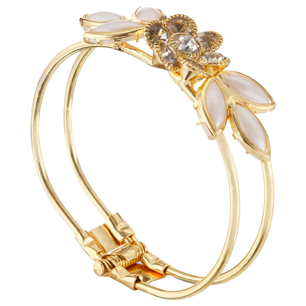 Kord Store Fancy Flower Design Pink & White Stone Gold Plated Openable Bracelet For Women  - KSBRC40004