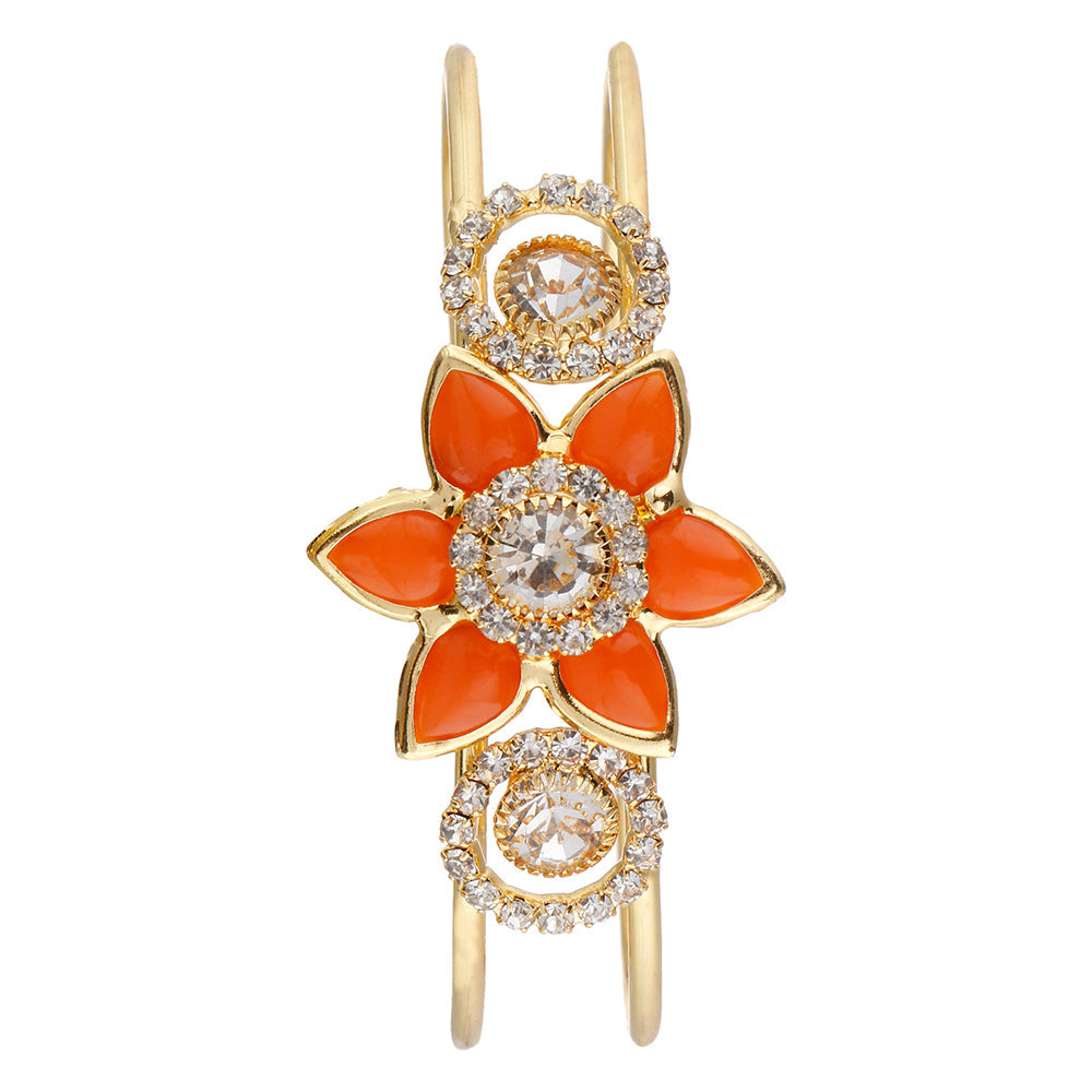 Kord Store Creative Flower Design Orange & White Stone Gold Plated Openable Bracelet For Women  - KSBRC40006