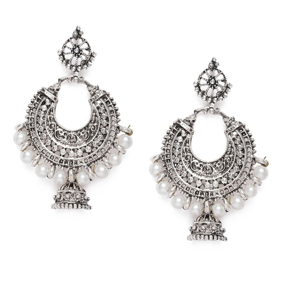 Kord Store Wavy Chand Shape Pearls Silver Plated Jhumki Earring For Women - KSEAR70094