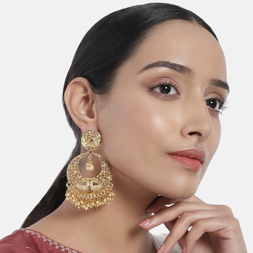 Kord Store Luxurious Peacock Latkan Pearls Gold Plated Chand Bali Earring For Women - KSEAR70103