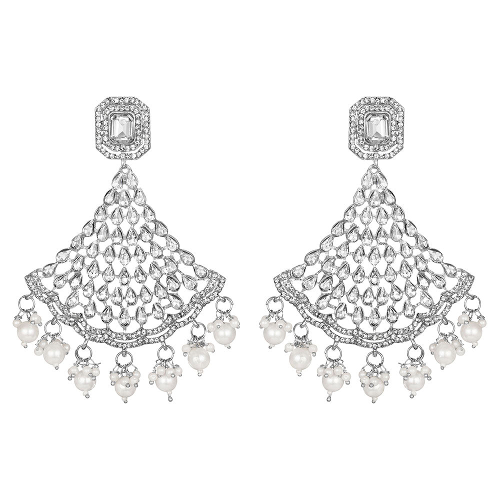 Kord Store Fine Alloy Silver Plated White Stone Chandbali Earring For Women & Girls - KSEAR70263