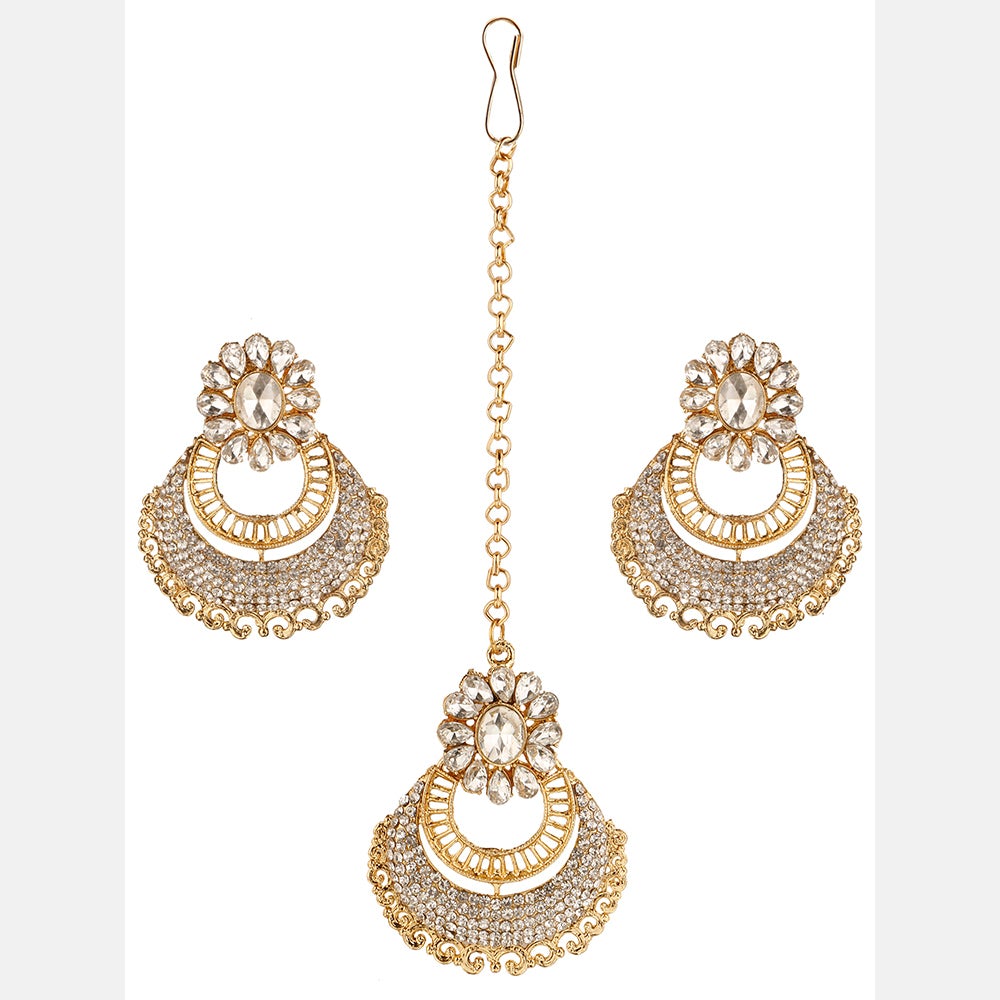 Kord Store Superb Flower White Stone Gold Plated Chand Bali Earring With Mangtikka For Women  - KSEMT80001