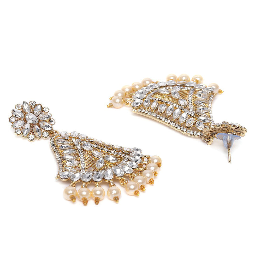 Kord Store Trendy Latkan Pearls White Stone Gold Plated Dangle Earring With Mangtikka For Women  - KSEMT80004