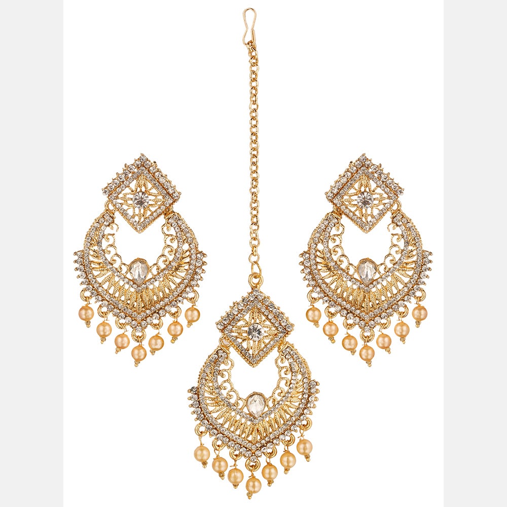 Kord Store Unbelievable Latkan Pearls White Stone Gold Plated Dangle Earring With Mangtikka For Women  - KSEMT80005