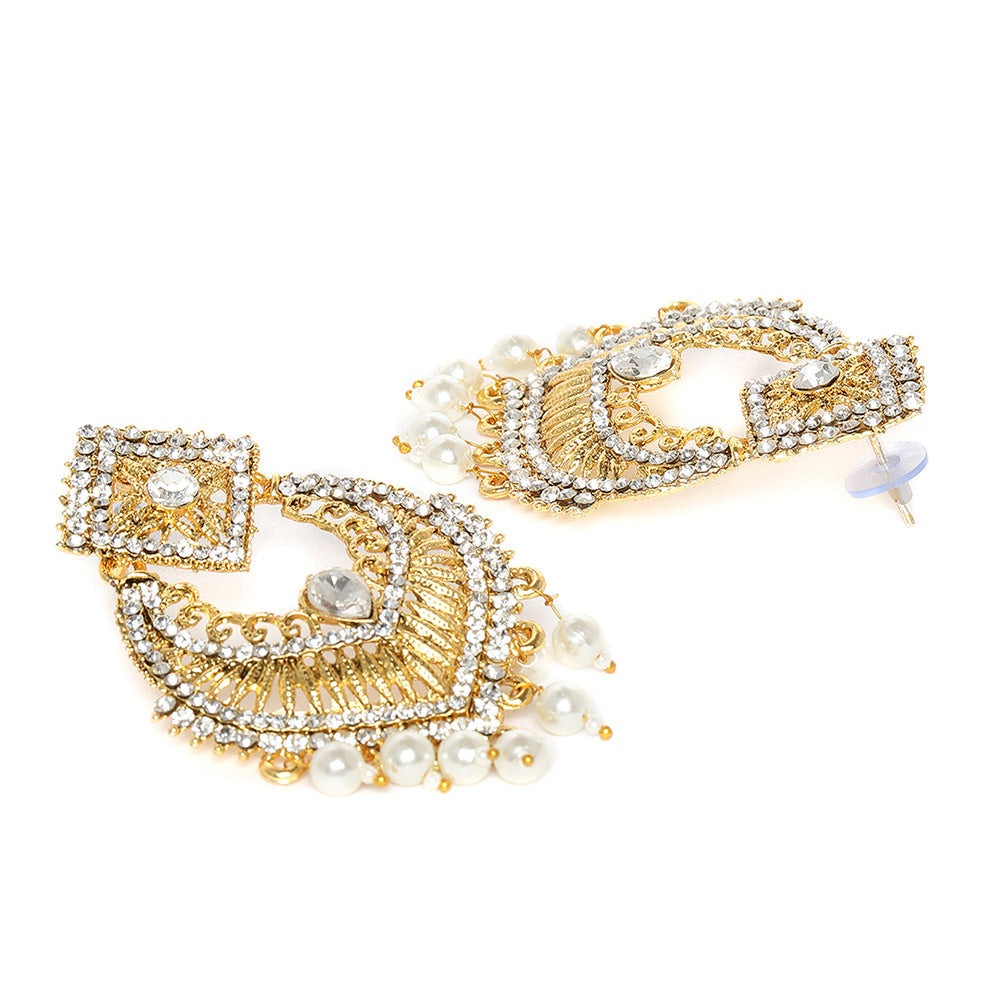 Kord Store Unbelievable Latkan Pearls White Stone Gold Plated Dangle Earring With Mangtikka For Women  - KSEMT80005