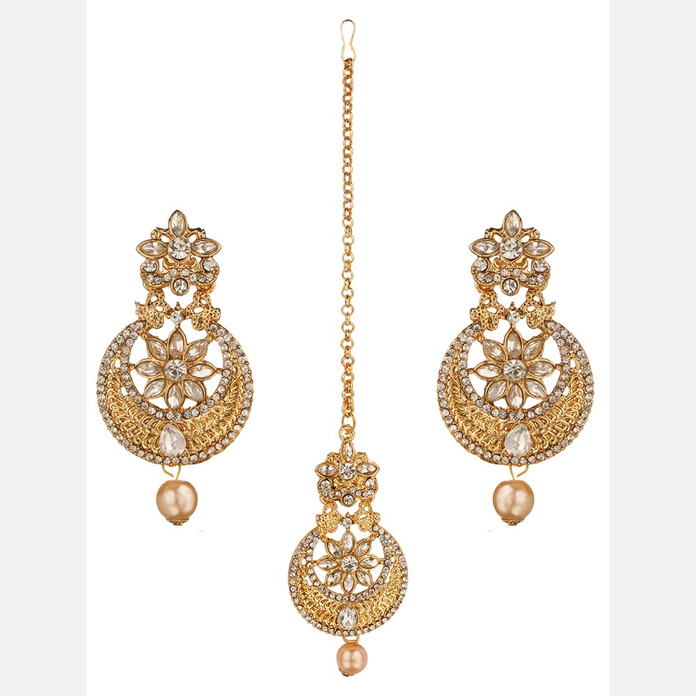 Kord Store Wavy Flower White Stone Gold Plated Chand Bali Earring With Mangtikka For Women  - KSEMT80006