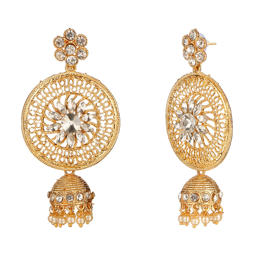 Kord Store Youthful Round Shape White Stone Gold Plated Jhumki Earring With Mangtikka For Women  - KSEMT80008