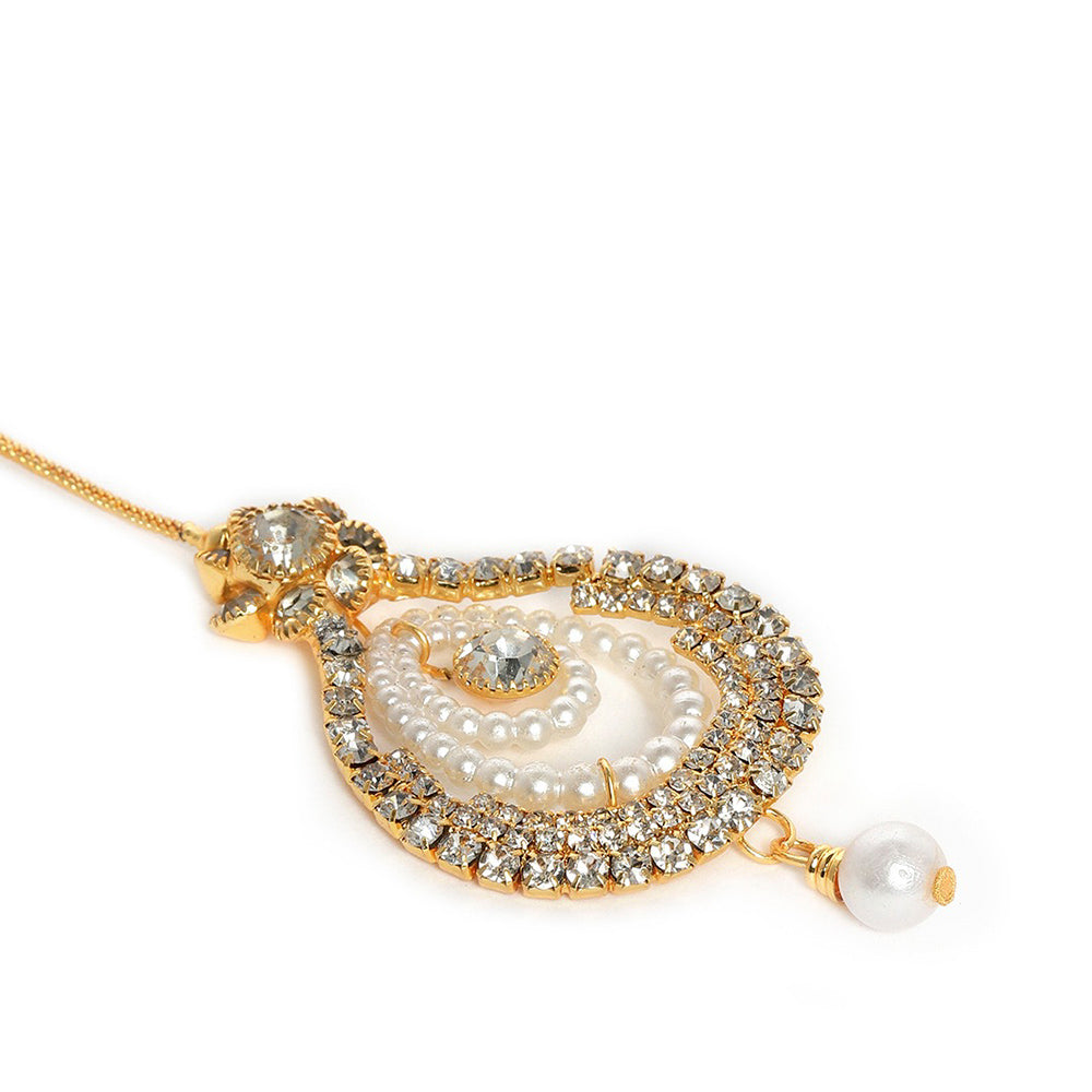 Kord Store Astonish Pear Shape White Stone Gold Plated Dangle Earring With Mangtikka For Women