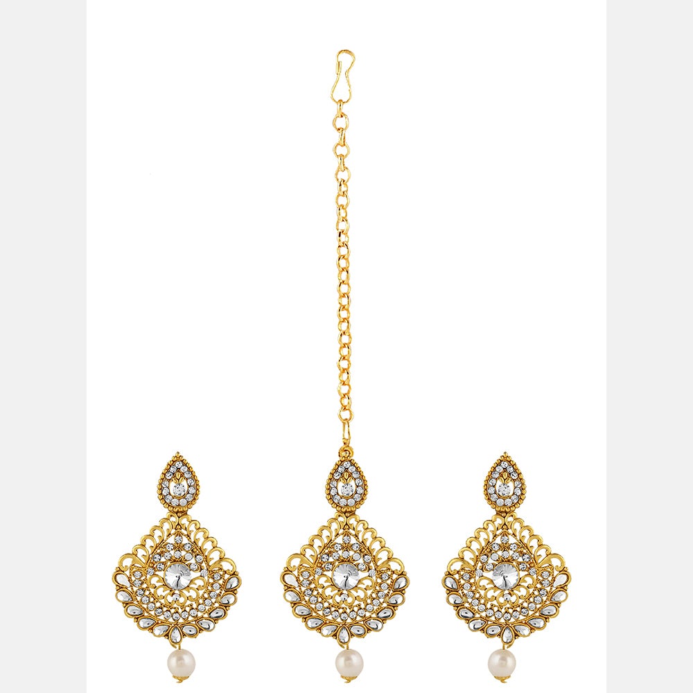 Kord Store Charming Designer White Stone Gold Plated Dangle Earring With Mangtikka For Women