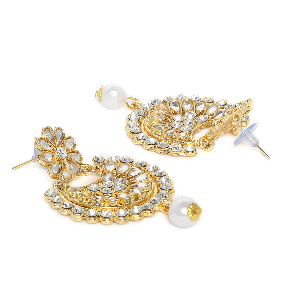 Kord Store Designer Flower White Stone Gold Plated Chand Bali Earring With Mangtikka For Women