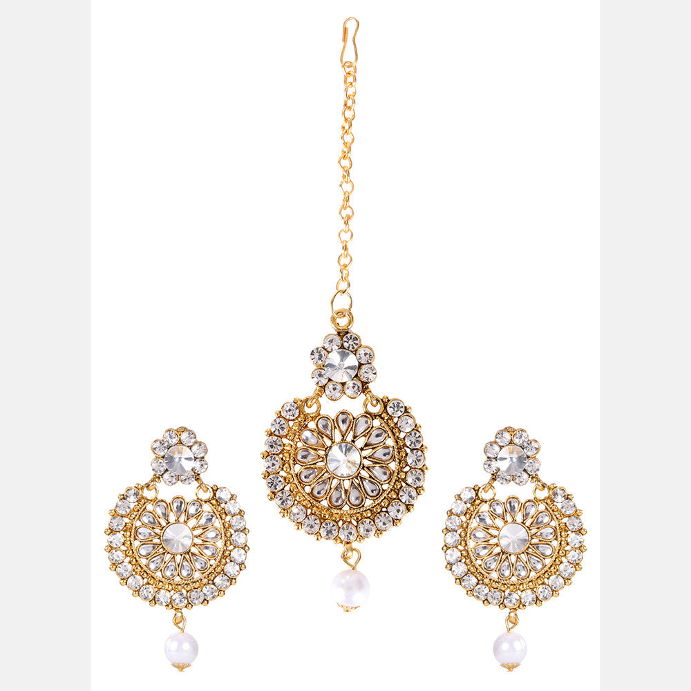 Kord Store Elegant Round Shape White Stone Gold Plated Chand Bali Earring With Mangtikka For Women