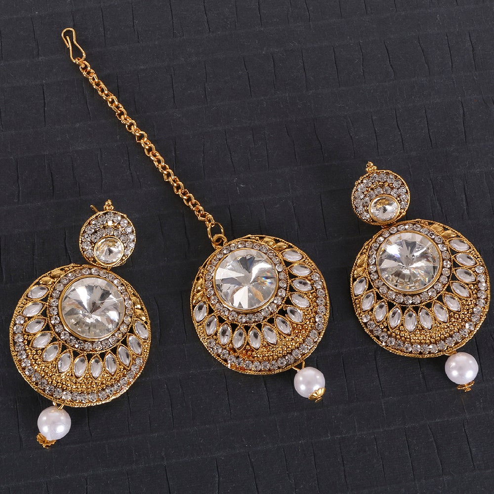 Kord Store Enjoyable Round Shape White Stone Gold Plated Dangle Earring With Mangtikka For Women