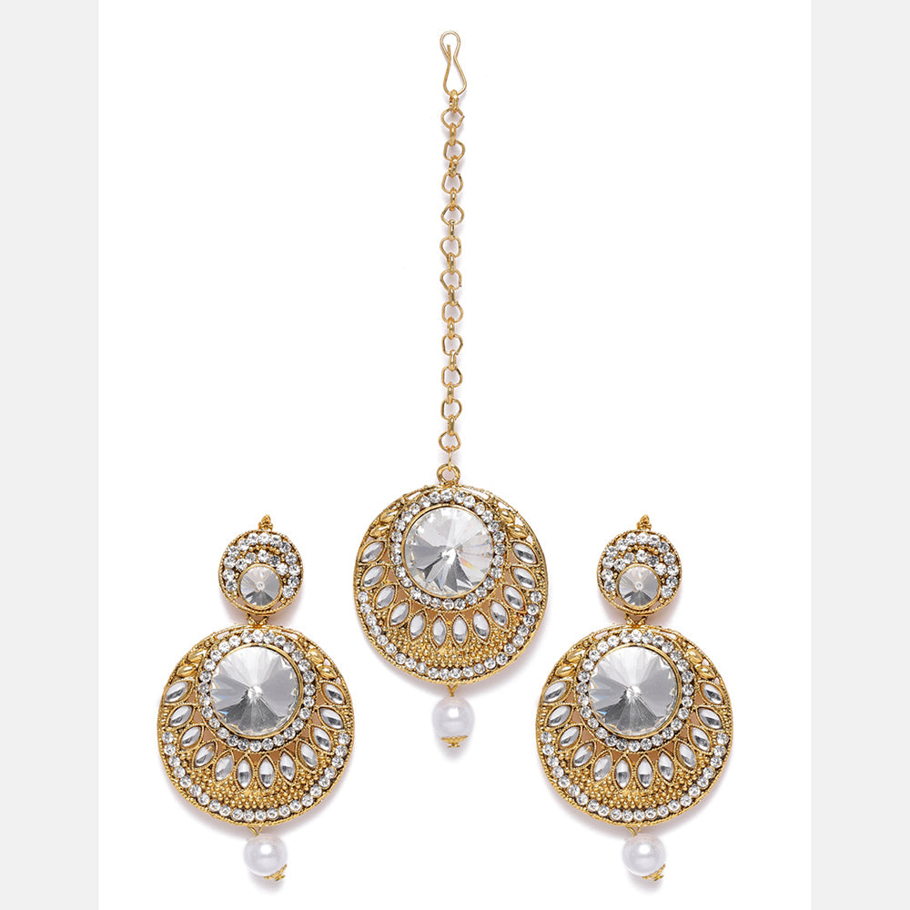 Kord Store Enjoyable Round Shape White Stone Gold Plated Dangle Earring With Mangtikka For Women