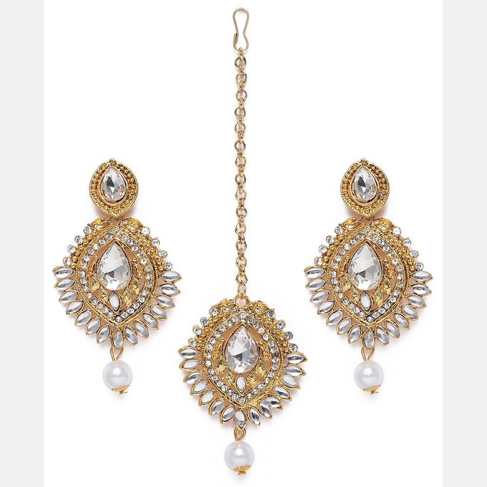 Kord Store Excellent Leaf Design White Stone Gold Plated Dangle Earring With Mangtikka For Women