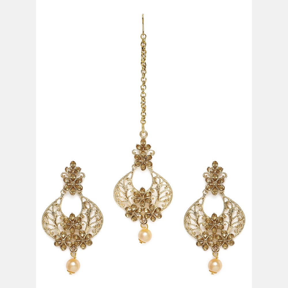 Kord Store Fancy Flower White Stone Gold Plated Chand Bali Earring With Mangtikka For Women