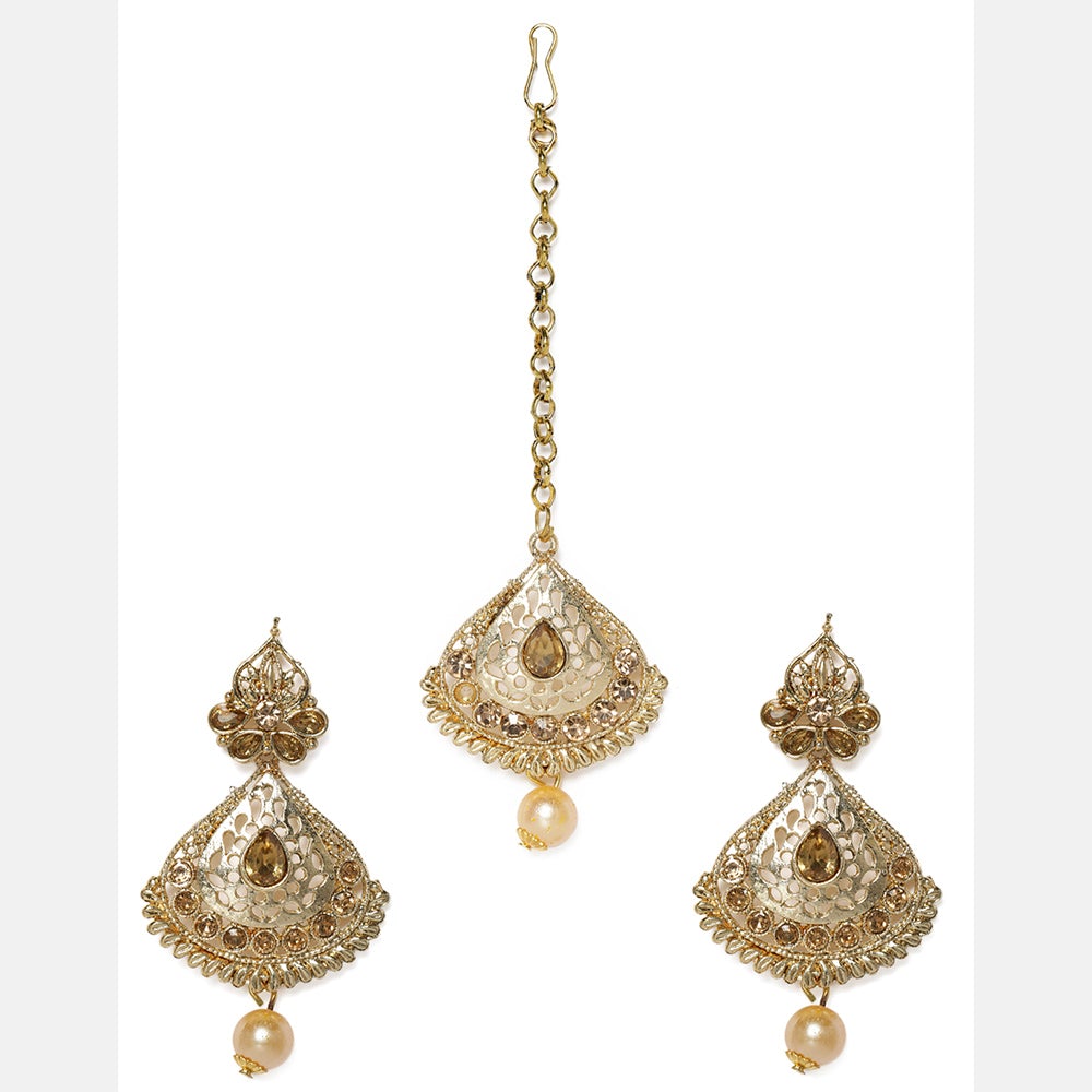 Kord Store Fine Paan Shape Lct Stone Gold Plated Dangle Earring With Mangtikka For Women