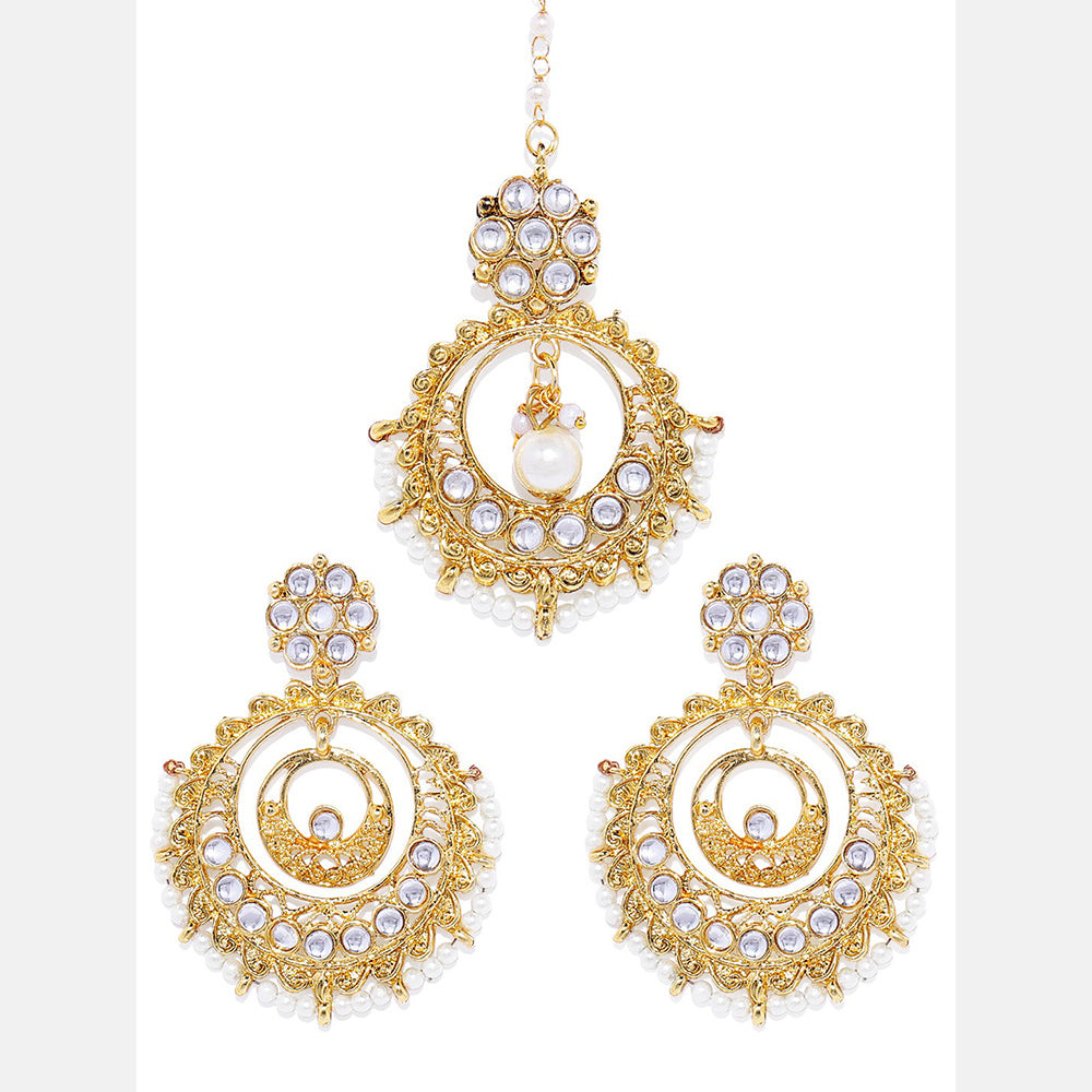 Buy online Gold Plated Pearl And Drop Kundan Necklace Earrings And Maang  Tikka Set from fashion jewellery for Women by Karatcart for ₹929 at 76% off  | 2024 Limeroad.com