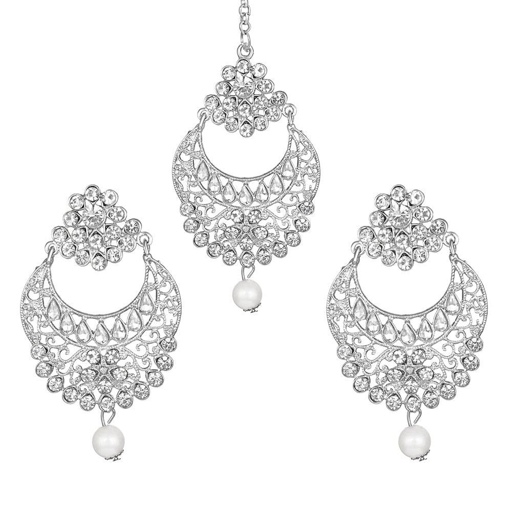 Kord Store Silver Plated "Chand Bali Style" New Design Earrings Mang Tikka/Alloy Based/Wedding Jewellery/Kundan Ad Stone Jewellery Set For Girl And Women